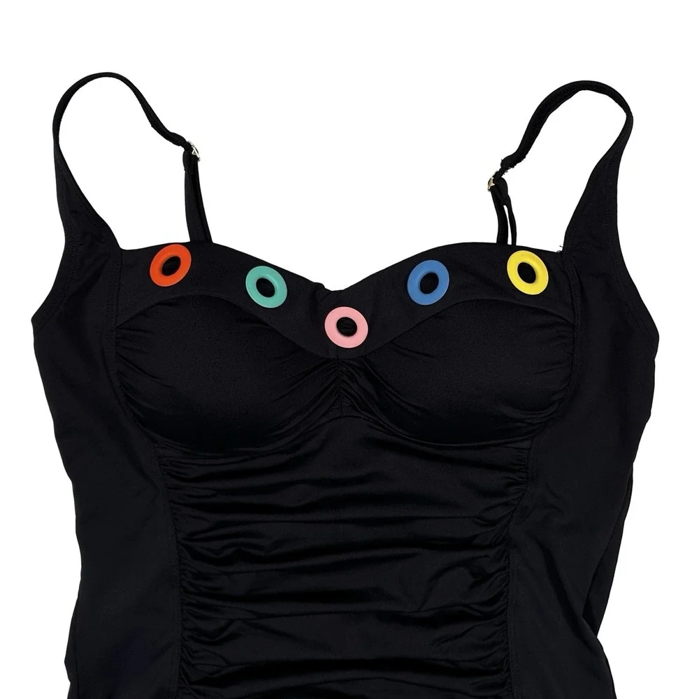 BLEU Rod Beattie Black Grommet Tankini Swim Top 8 Ruched Molded Cups NWT Chic